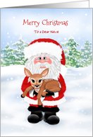 Custom front Niece Santa and Baby Deer Christmas card