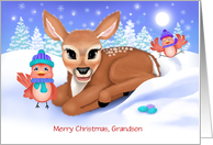 Custom front Grandson Baby Deer and Red Birds Christmas card