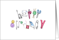 Happy Birthday Sewing materials Spelling Words Blank card