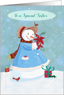 For Sister Christmas Female Snowman with Snowy Winter Scene card