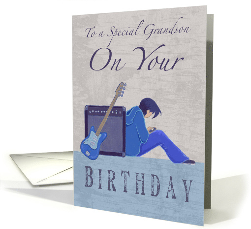 Special Grandson Birthday Boy Guitar with Distressed Text card