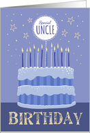 Special Uncle Blue Birthday Cake Candles and Stars Distressed Text card