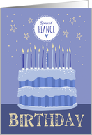 Special Fiance Birthday Cake Candles and Stars Distressed Text card