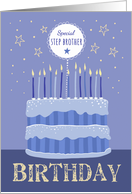 Special Step Brother Birthday Cake Candles and Stars Distressed Text card