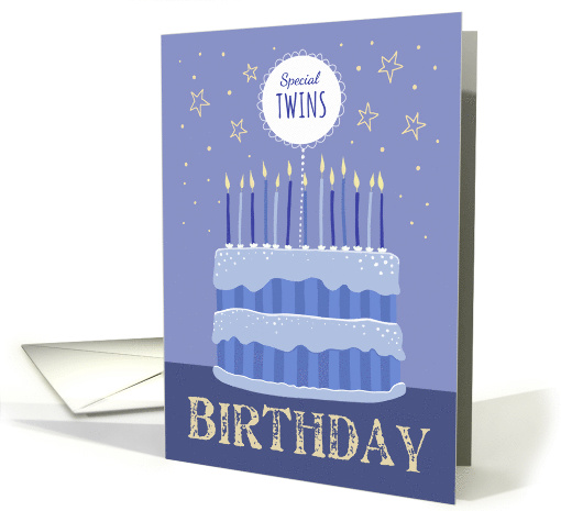 Special Twins Birthday Cake Candles and Stars Distressed Text card