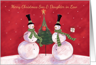 Son & Daughter in Law Christmas Snowmen with Tree and Gifts card