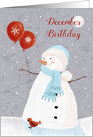 December Birthday Whimsical Snowman Red Balloons card