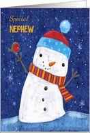 Nephew Cute Naive Style Snowman with Robin Bird card