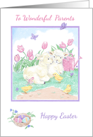 Wonderful Parents Easter Lambs with Spring Tulips and Chicks card