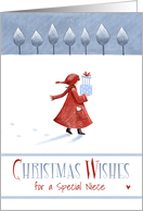 Special Niece in Red Coat Snow Christmas card