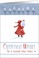 Special Step Sister in Red Coat Snow Christmas card