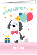 Custom Front Name Specific Birthday Cute Dog with Balloons and Gifts card