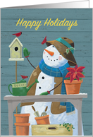 Happy Holiday Gardening Snowman with Red Cardinal Birds card