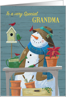 Grandma Gardening Snowman with Red Cardinal Birds card