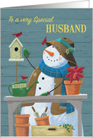 Husband Gardening Snowman with Red Cardinal Birds card