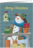 Merry Christmas Gardening Snowman with Red Cardinal Birds card