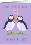 Wonderful Parents Anniversary Love Heart Puffin Birds card