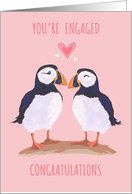 You’re Engaged Adorable Puffin Birds on Pink card