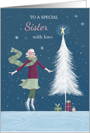 Sister Christmas Girl with Modern White Tree card