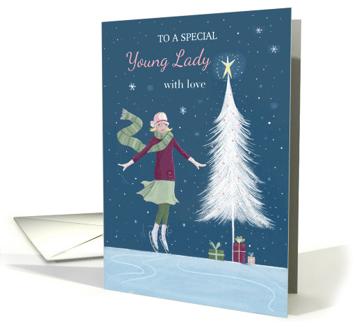 Young Lady Christmas Girl with Modern White Tree card (1712356)