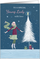 Young Lady Christmas Girl with Modern White Tree card