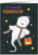 Grandson Halloween Cute Ghost with Jack o Lantern Bag card