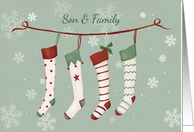 Son and Family Christmas Stockings and Snowflakes card