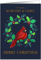 Secretary and Family Christmas Holiday Red Cardinal in Wreath card