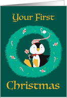 Your First Christmas Baby Penguin in Wreath card