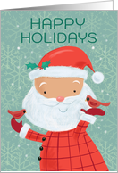 Happy Holidays Cute Santa with Red Cardinal Birds card
