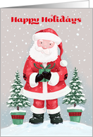 Happy Holidays Santa Claus with Gift and Trees card
