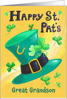 Great Grandson St Patrick’s Day Green Leprechaun Hat and Shamrocks card