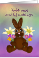 Adorable Easter Bunny holding Lilies and Tulips, Girl card