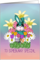 Adorable Teal Bunny Among the Lilies, Pink and White Daisies, Tulips card