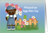 Mother’s Day from Son, Blue Jean boy in garden with Daisies and Frogs card