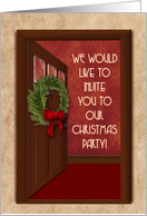 Christmas Party Invitation, An Open Door with Christmas Wreath Red Bow card