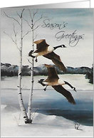Season’s Greetings, Watercolor Effect, Flying Canadian Geese Scene card