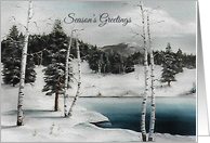 Season’s Greetings, Winter Scene, Lake, Mountains,Watercolor Effect card
