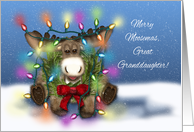 Merry Moosemas for Great Granddaughter, Moose Tangled Christmas lights card