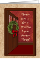 Hoilday Open House Invitation, An Open Door with Wreath and Red Bow card