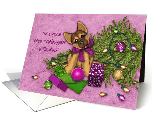 Christmas Great Granddaughter ,Naughty Shepherd Puppy Fallen Tree card