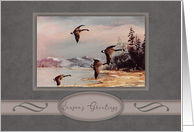 Christmas, Painting of Geese Flying Over a Lake Snow Capped Mountain card