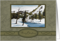 Christmas, Painting of Winter Forest Setting, Deer Next to a Stream card