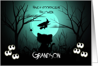 Halloween for Grandson, Spooky, Shilouette Cat, Flying Witch, Moon card