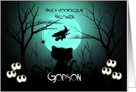 Halloween for a Godson, Spooky, Shilouette Cat, Flying Witch, Moon card