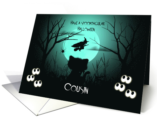 Halloween for Cousin Spooky, Shilouette Cat, Flying Witch, Moon card