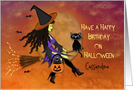 Halloween Birthday,Customize Front, Pretty Witch Riding Broom, Cats card