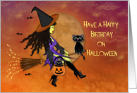 Happy Birthday on Halloween General , Pretty Witch Riding Broom, Cats card