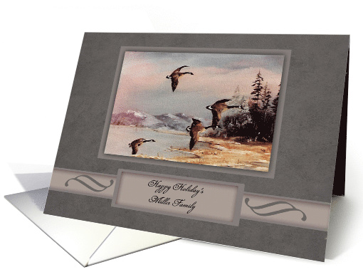 Christmas, Customize Name, Painting Flying Geese Lake, Mountains card