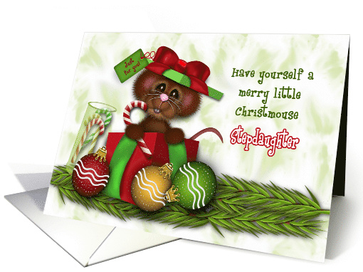Christmas for Stepdaughter, Adorable Christmas Mouse in a Present card
